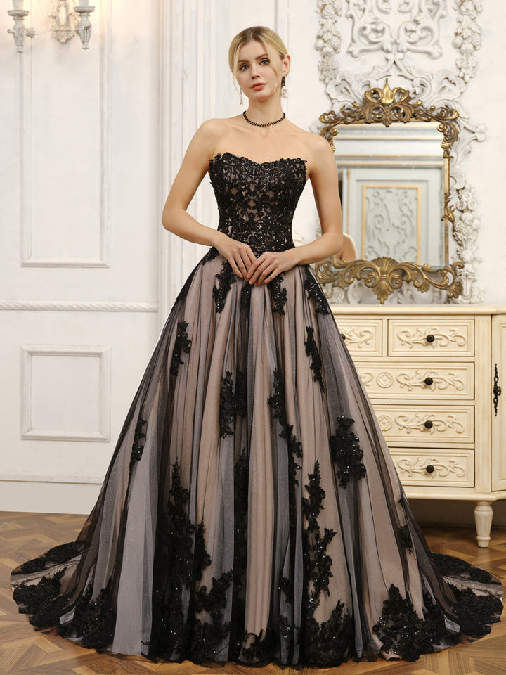Strapless Tulle Ball Gown Wedding Dresses with Beading &amp; Appliques