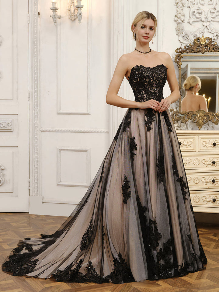 Strapless Tulle Ball Gown Wedding Dresses with Beading &amp; Appliques
