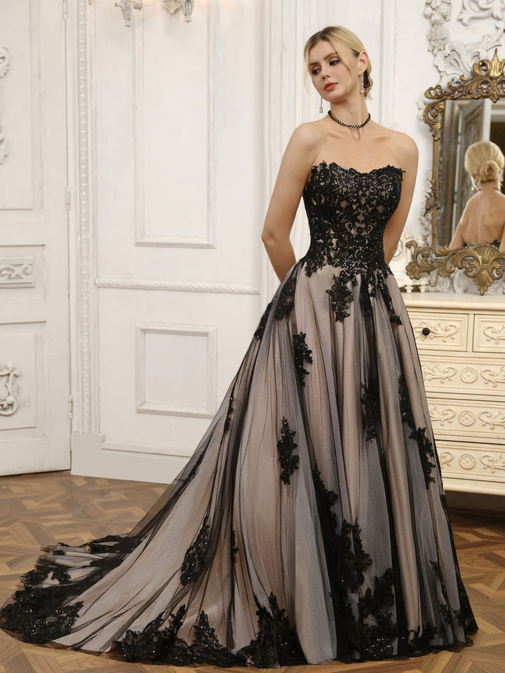 Strapless Tulle Ball Gown Wedding Dresses with Beading &amp; Appliques
