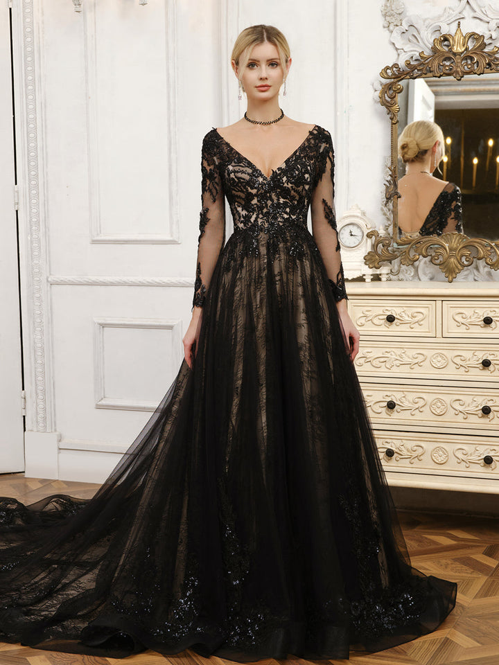 V-Neck Long Sleeves Tulle Wedding Dresses with Beading &amp; Appliques