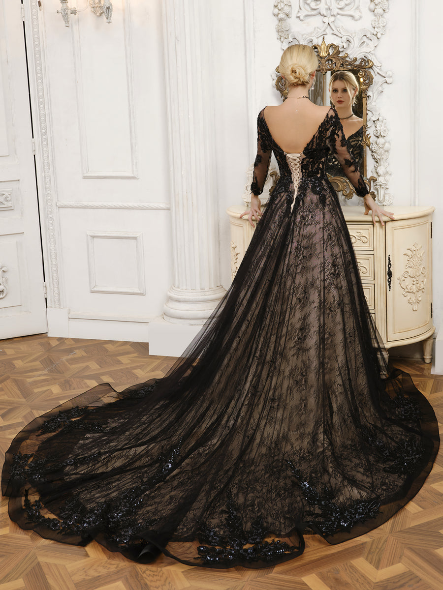 V-Neck Long Sleeves Tulle Wedding Dresses with Beading &amp; Appliques