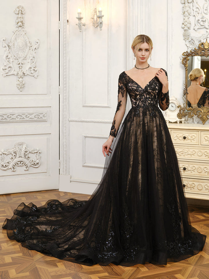 V-Neck Long Sleeves Tulle Wedding Dresses with Beading &amp; Appliques