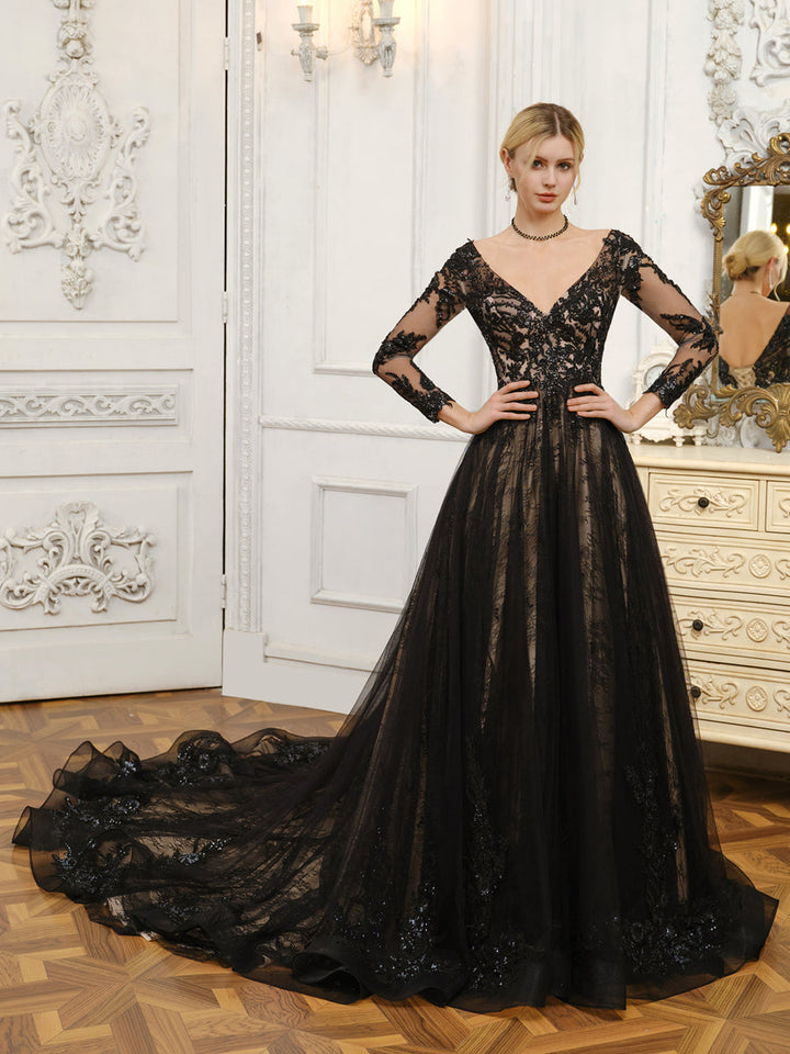 V-Neck Long Sleeves Tulle Wedding Dresses with Beading &amp; Appliques