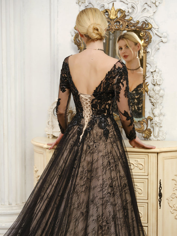 V-Neck Long Sleeves Tulle Wedding Dresses with Beading &amp; Appliques