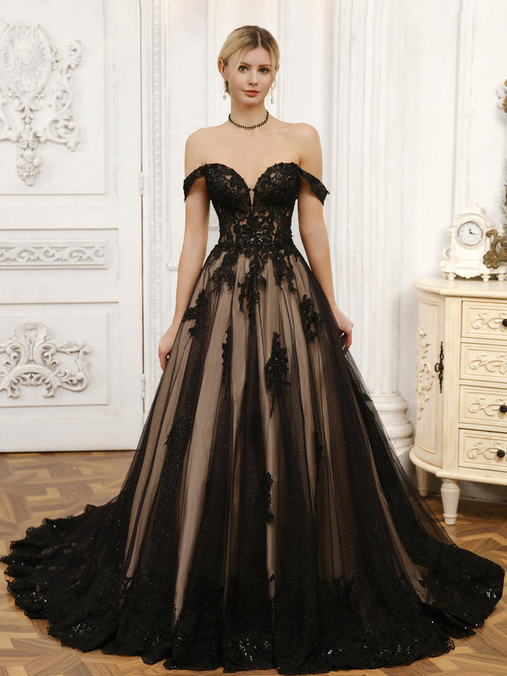 Off-the-Shoulder Tulle Ball Gown Wedding Dresses with Beading &amp; Appliques