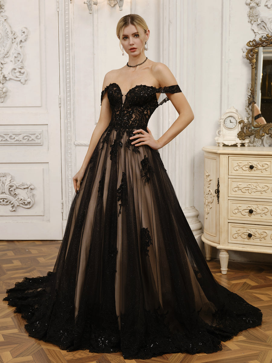 Off-the-Shoulder Tulle Ball Gown Wedding Dresses with Beading &amp; Appliques