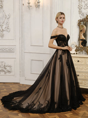 Off-the-Shoulder Tulle Ball Gown Wedding Dresses with Beading & Appliques