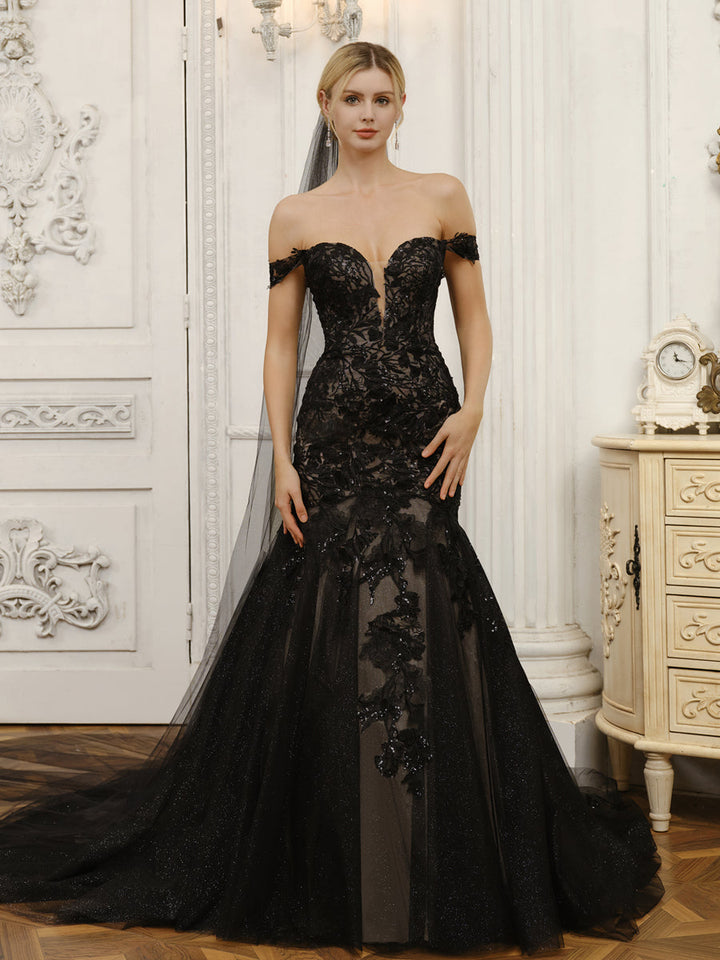 Off-the-Shoulder Tulle Mermaid Wedding Dresses with Appliques &amp; Beading