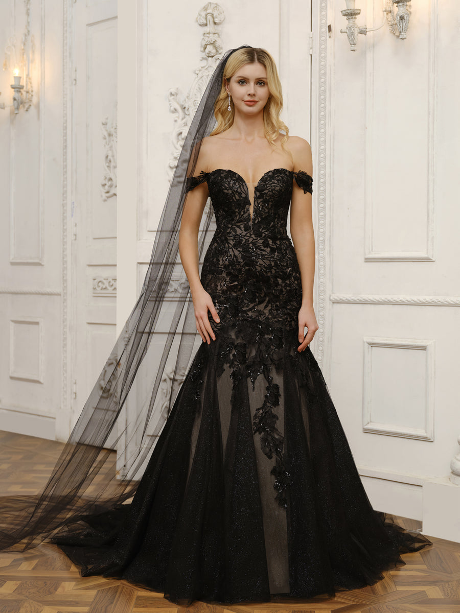 Off-the-Shoulder Tulle Mermaid Wedding Dresses with Appliques &amp; Beading