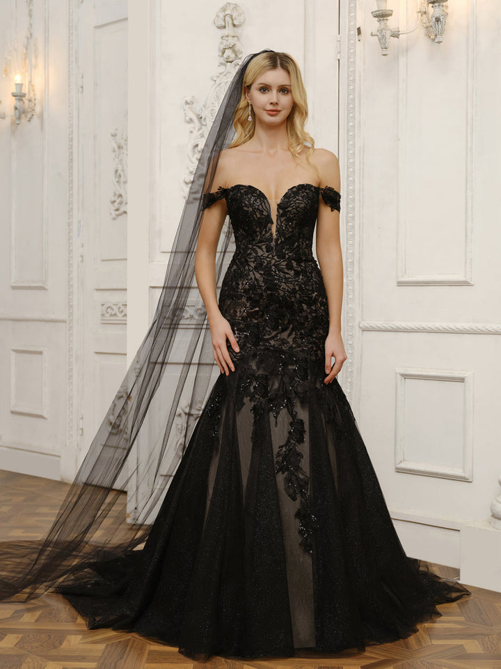 Off-the-Shoulder Tulle Mermaid Wedding Dresses with Appliques &amp; Beading