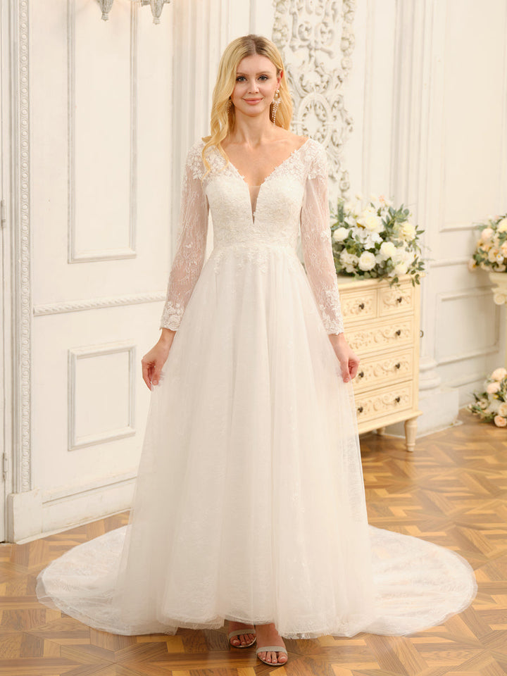 A-Line/Princess V-Neck Long Lace Wedding Dresses with Appliques &amp; Long Sleeves