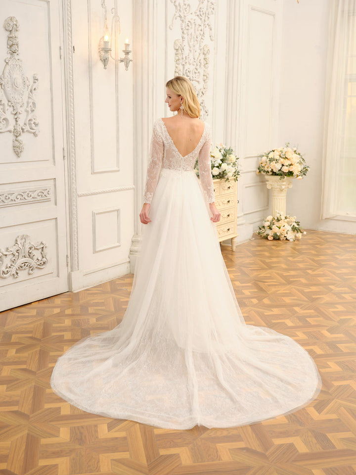 A-Line/Princess V-Neck Long Lace Wedding Dresses with Appliques &amp; Long Sleeves