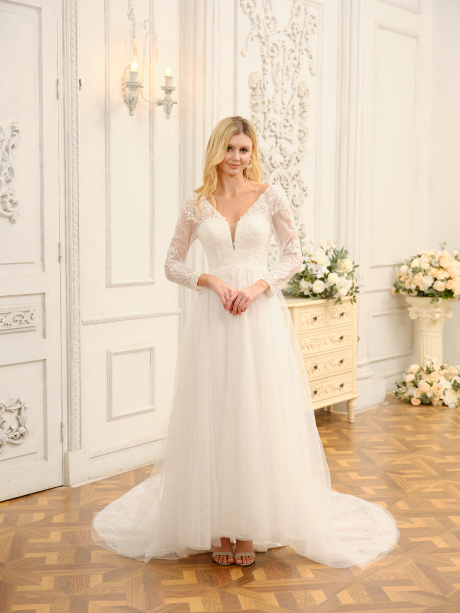 A-Line/Princess V-Neck Long Lace Wedding Dresses with Appliques &amp; Long Sleeves