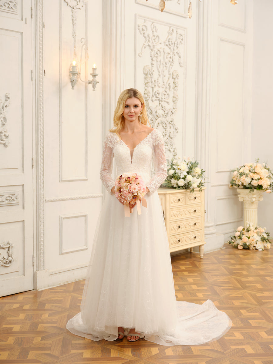 A-Line/Princess V-Neck Long Lace Wedding Dresses with Appliques &amp; Long Sleeves