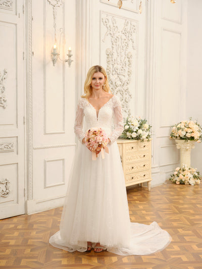 A-Line/Princess V-Neck Long Lace Wedding Dresses with Appliques & Long Sleeves