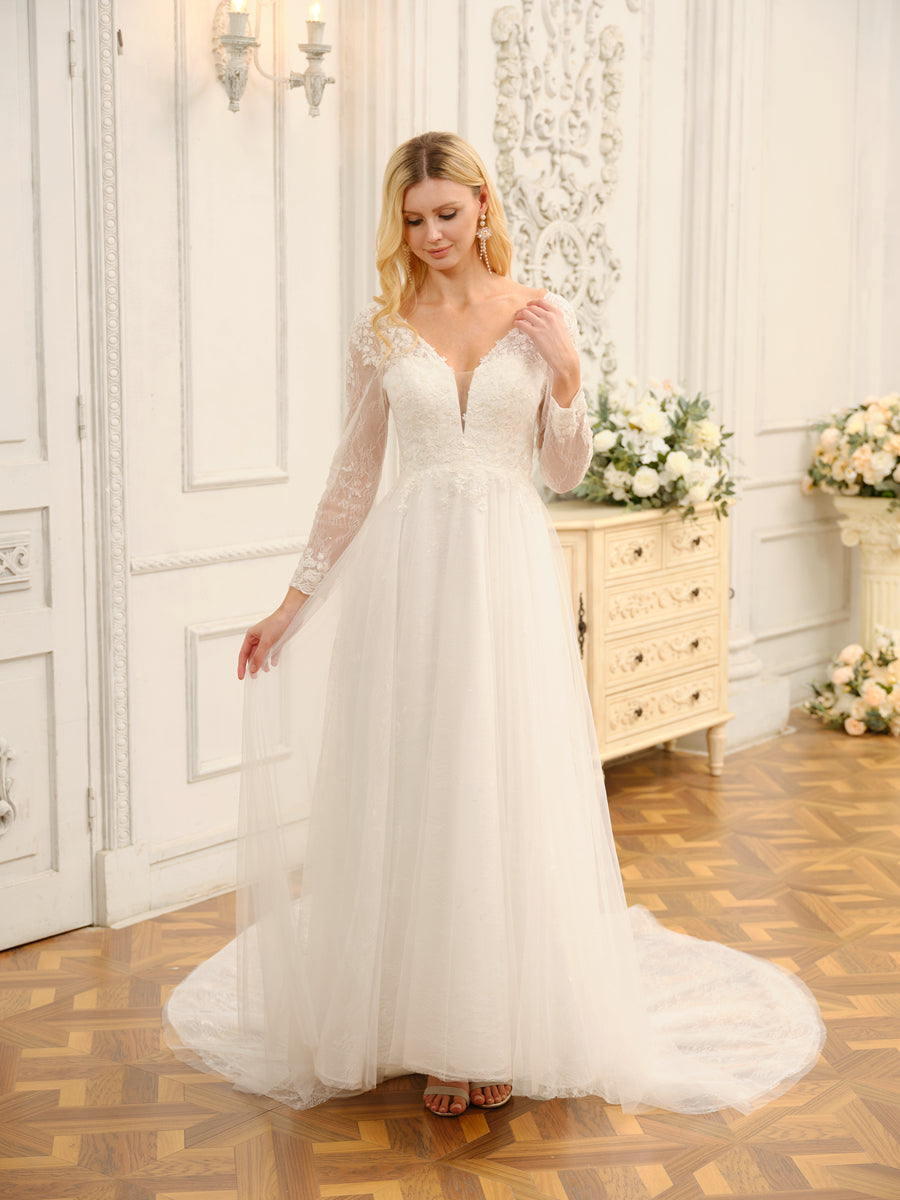 A-Line/Princess V-Neck Long Lace Wedding Dresses with Appliques &amp; Long Sleeves