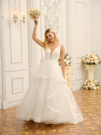 V-Neck Sleeveless Long Ball Gown Wedding Dresses with Appliques