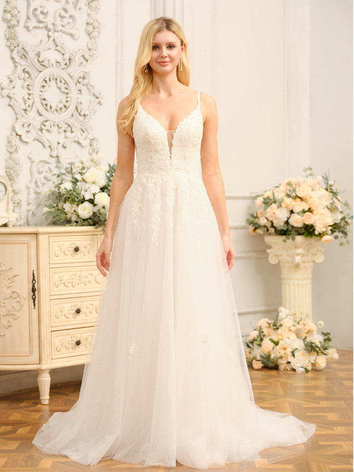 A-Line/Princess Spaghetti Straps Sleeveless Long Wedding Dresses with Appliques &amp; Seuiqns