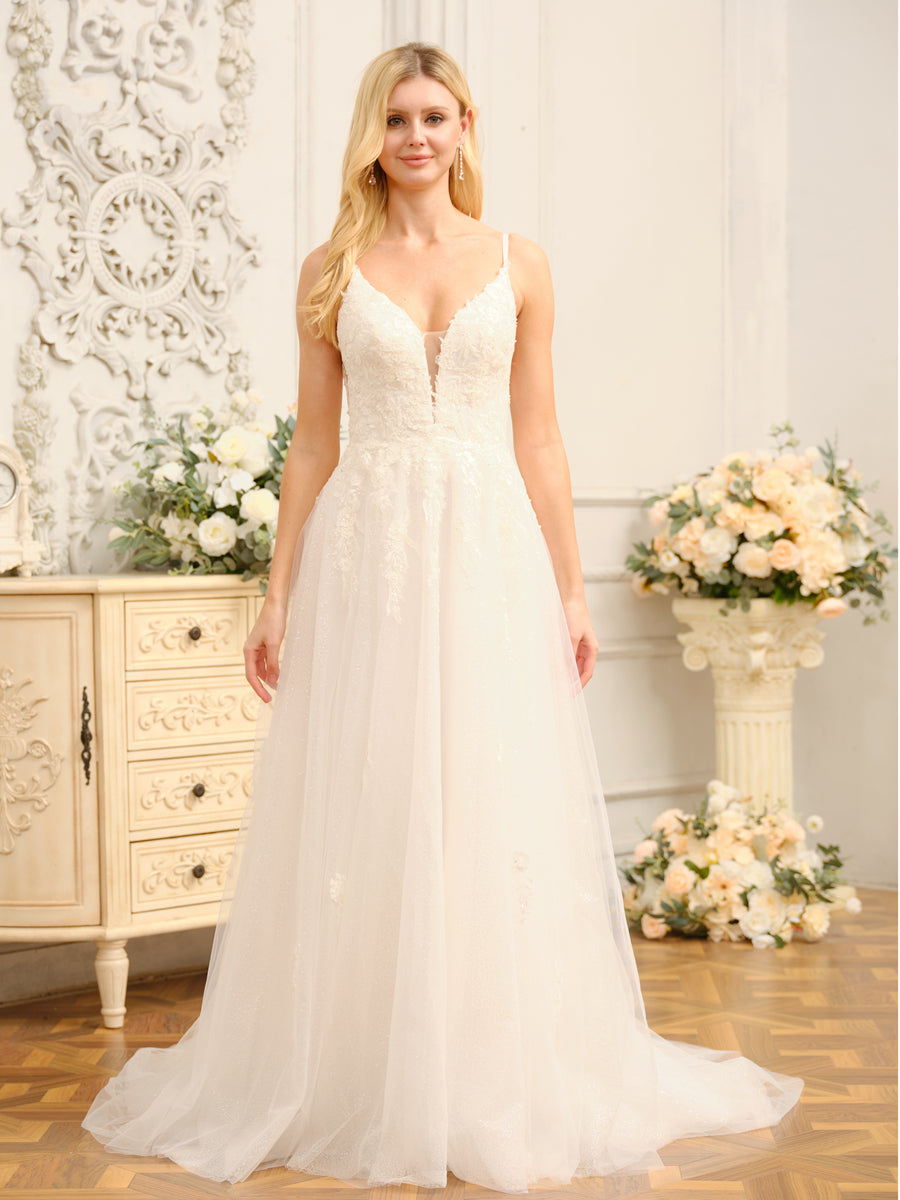 A-Line/Princess Spaghetti Straps Sleeveless Long Wedding Dresses with Appliques & Seuiqns