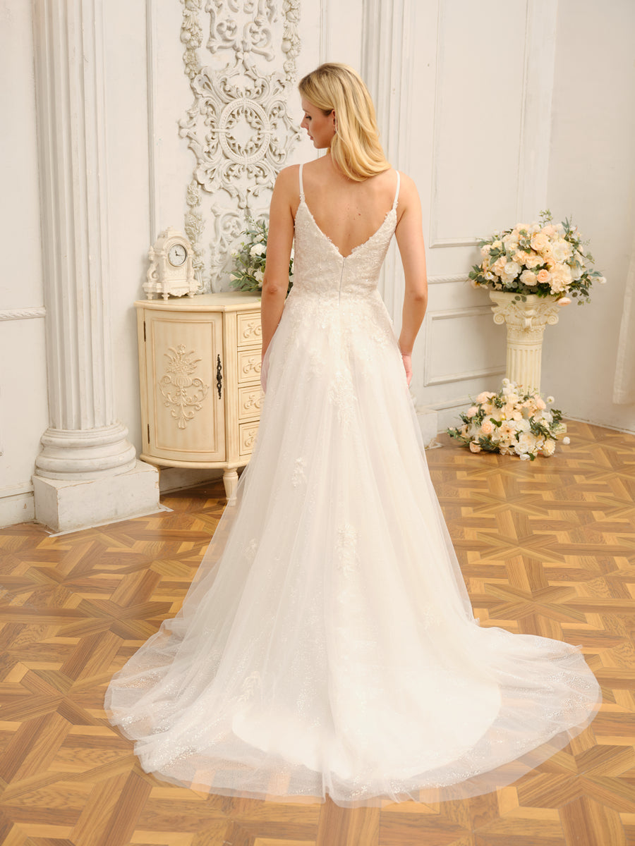 A-Line/Princess Spaghetti Straps Sleeveless Long Wedding Dresses with Appliques & Seuiqns