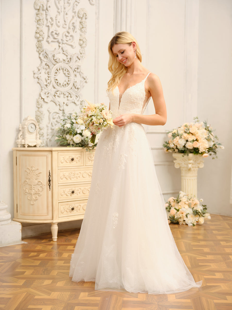A-Line/Princess Spaghetti Straps Sleeveless Long Wedding Dresses with Appliques &amp; Seuiqns