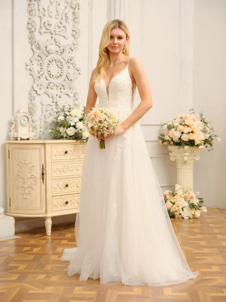 A-Line/Princess Spaghetti Straps Sleeveless Long Wedding Dresses with Appliques &amp; Seuiqns