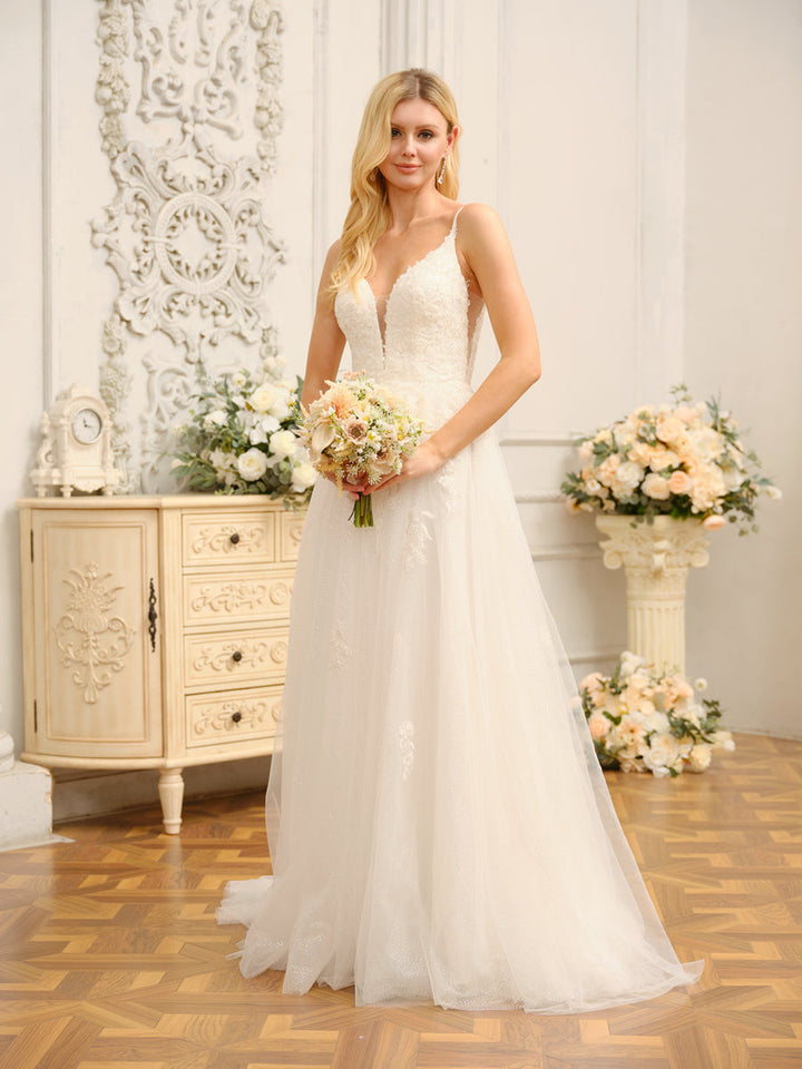 A-Line/Princess Spaghetti Straps Sleeveless Long Wedding Dresses with Appliques &amp; Seuiqns