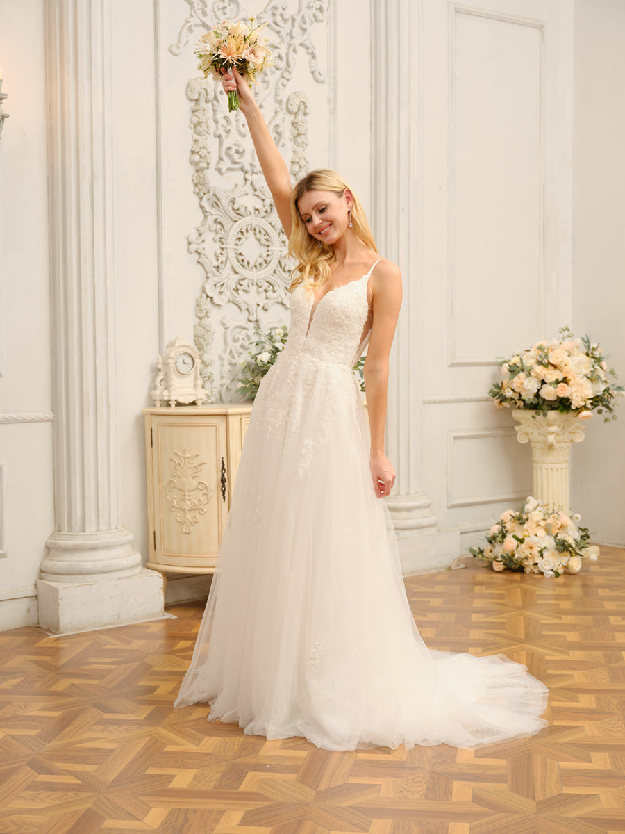 A-Line/Princess Spaghetti Straps Sleeveless Long Wedding Dresses with Appliques &amp; Seuiqns