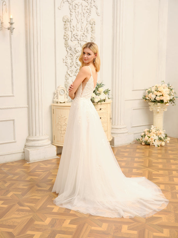 A-Line/Princess Spaghetti Straps Sleeveless Long Wedding Dresses with Appliques &amp; Seuiqns