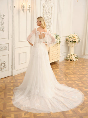 A-Line/Princess V-Neck Half Sleeves Long Wedding Dresses with Appliques