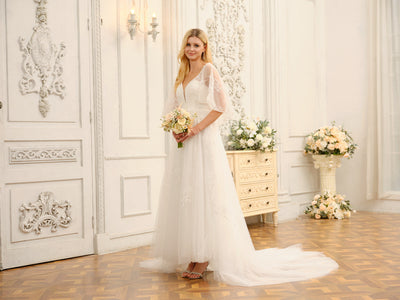A-Line/Princess V-Neck Half Sleeves Long Wedding Dresses with Appliques