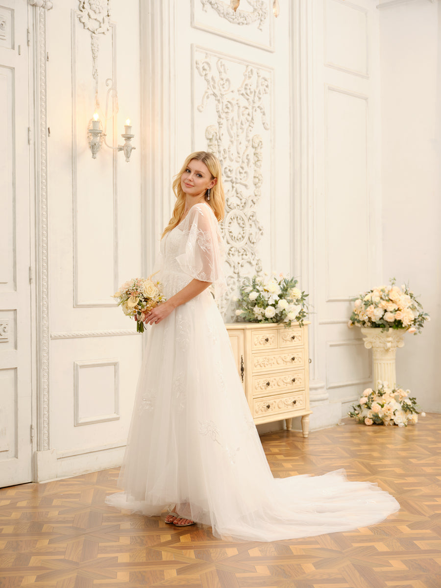 A-Line/Princess V-Neck Half Sleeves Long Wedding Dresses with Appliques