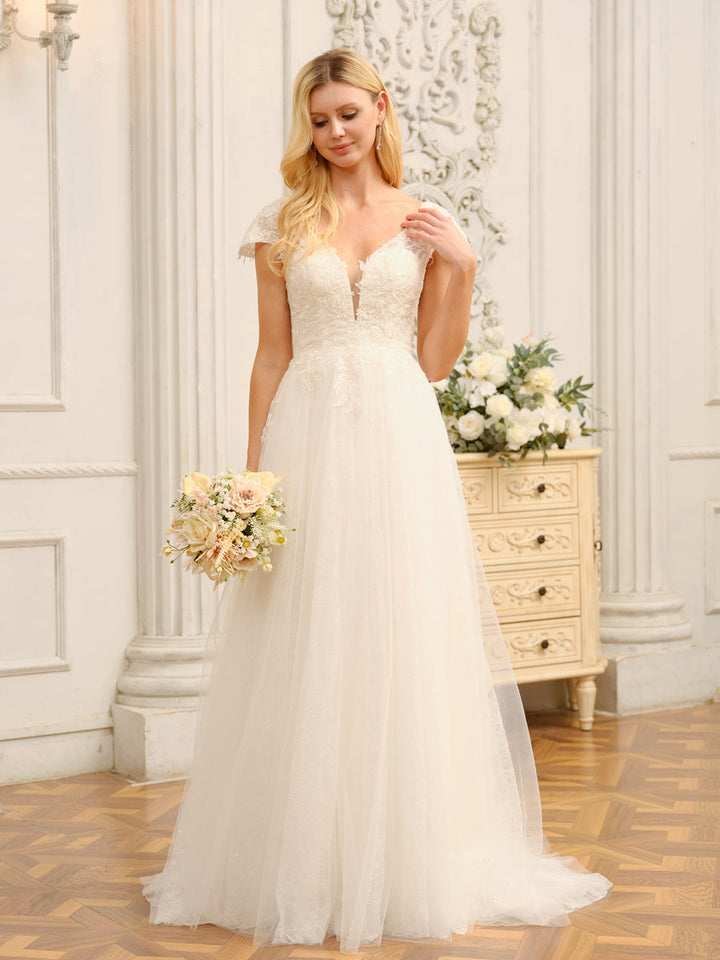 V-Neck Short Sleeves Long Wedding Dresses with Appliques &amp; Beading