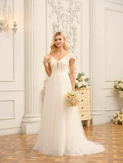 V-Neck Short Sleeves Long Wedding Dresses with Appliques & Beading