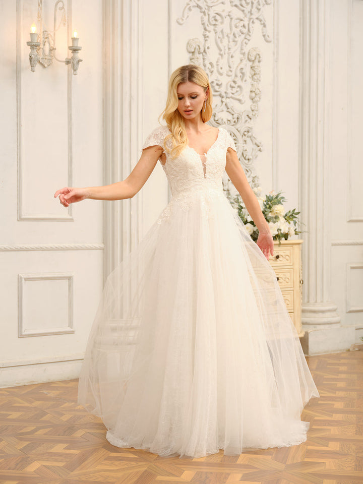V-Neck Short Sleeves Long Wedding Dresses with Appliques &amp; Beading