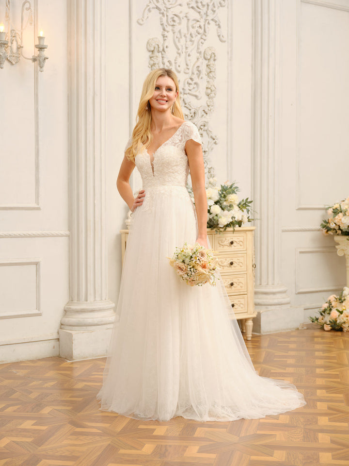 V-Neck Short Sleeves Long Wedding Dresses with Appliques &amp; Beading