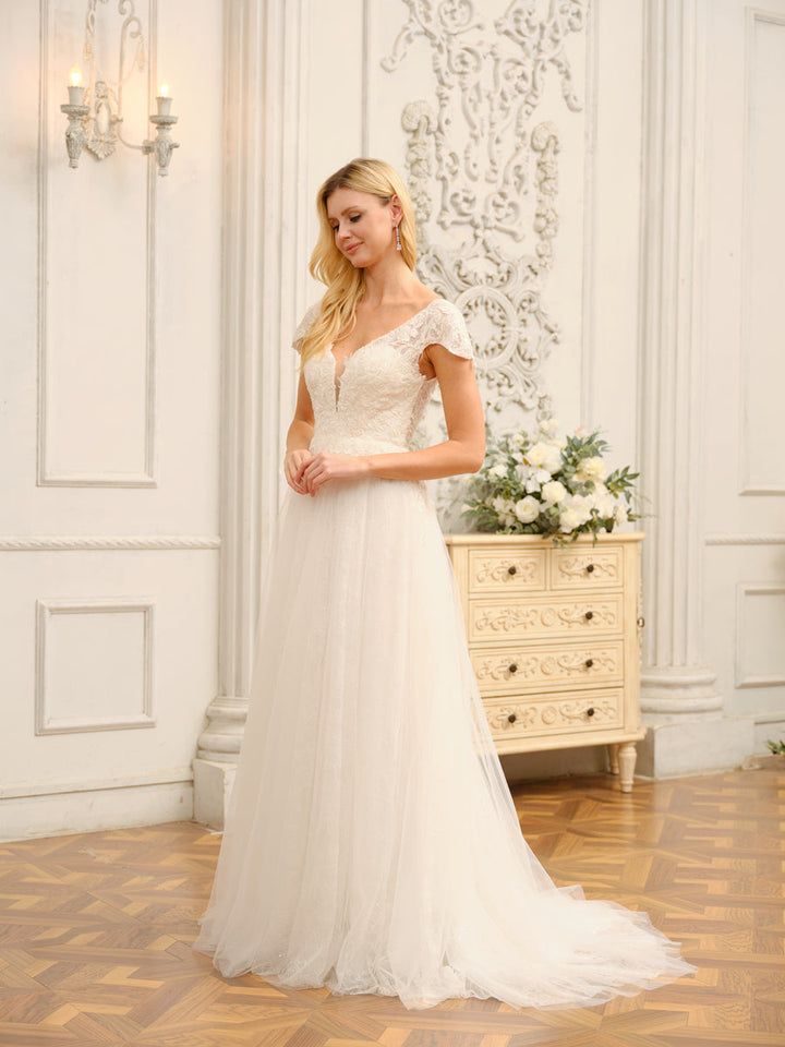 V-Neck Short Sleeves Long Wedding Dresses with Appliques &amp; Beading