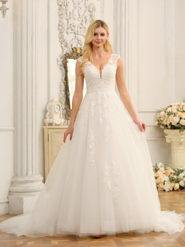 V-Neck Sleeveless Long Wedding Dresses with Appliques &amp; Beading