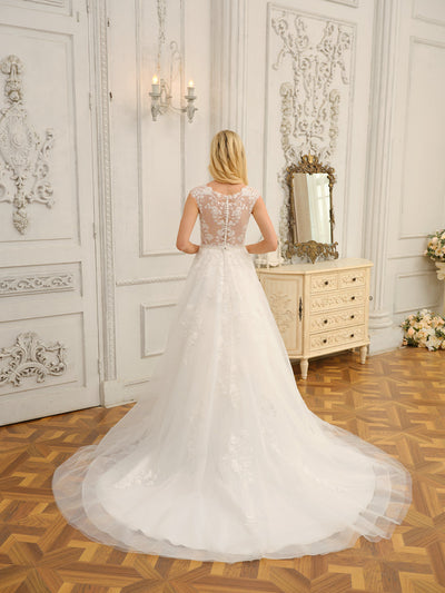 V-Neck Sleeveless Long Wedding Dresses with Appliques & Beading