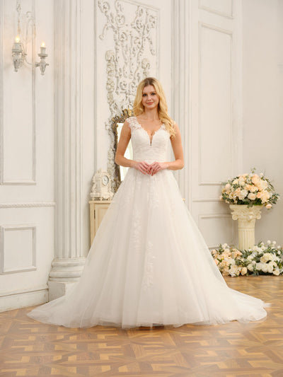 V-Neck Sleeveless Long Wedding Dresses with Appliques & Beading