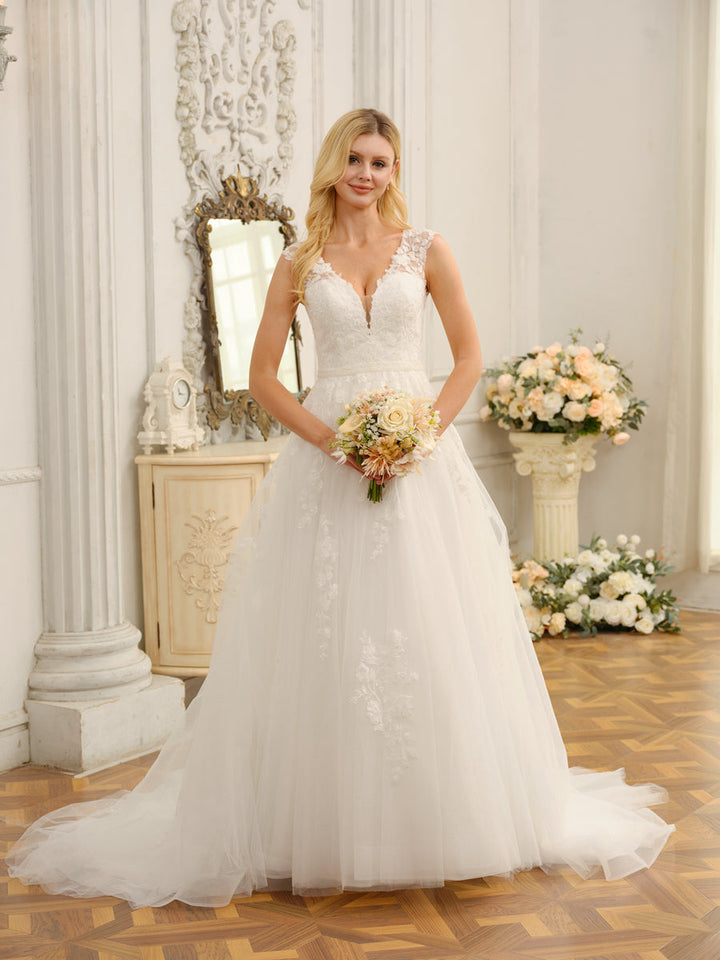 V-Neck Sleeveless Long Wedding Dresses with Appliques &amp; Beading