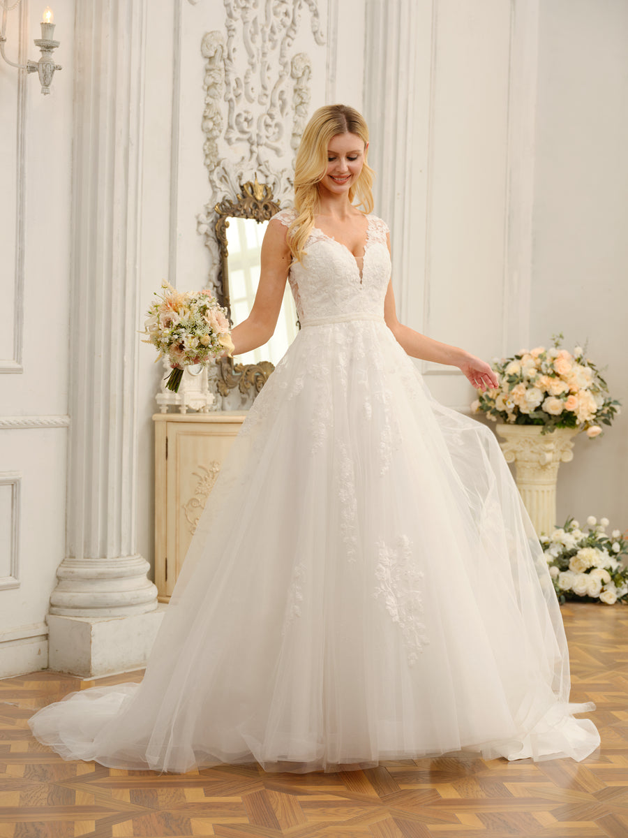 V-Neck Sleeveless Long Wedding Dresses with Appliques &amp; Beading
