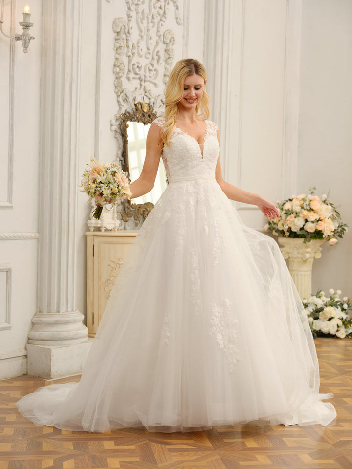 V-Neck Sleeveless Long Wedding Dresses with Appliques &amp; Beading