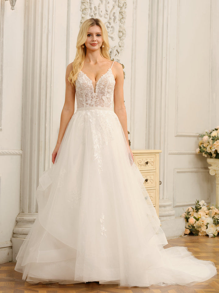 Spaghetti Straps V-Neck Sleeveless Long Wedding Dresses with Appliques &amp; Beading