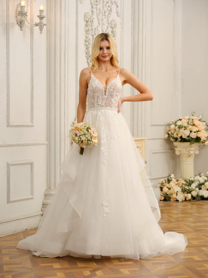 Spaghetti Straps V-Neck Sleeveless Long Wedding Dresses with Appliques &amp; Beading