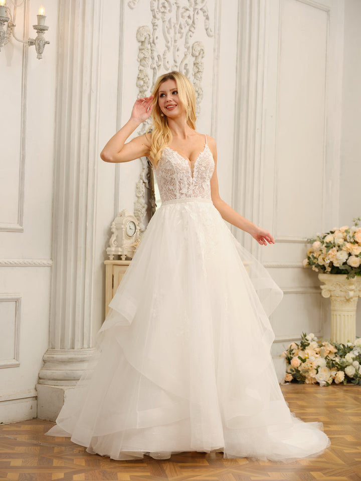 Spaghetti Straps V-Neck Sleeveless Long Wedding Dresses with Appliques &amp; Beading