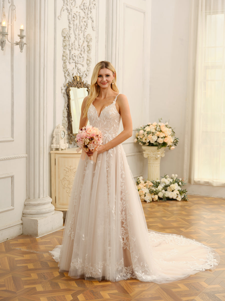 A-Line/Princess Spaghetti Straps Sleeveless Long Wedding Dresses with Appliques
