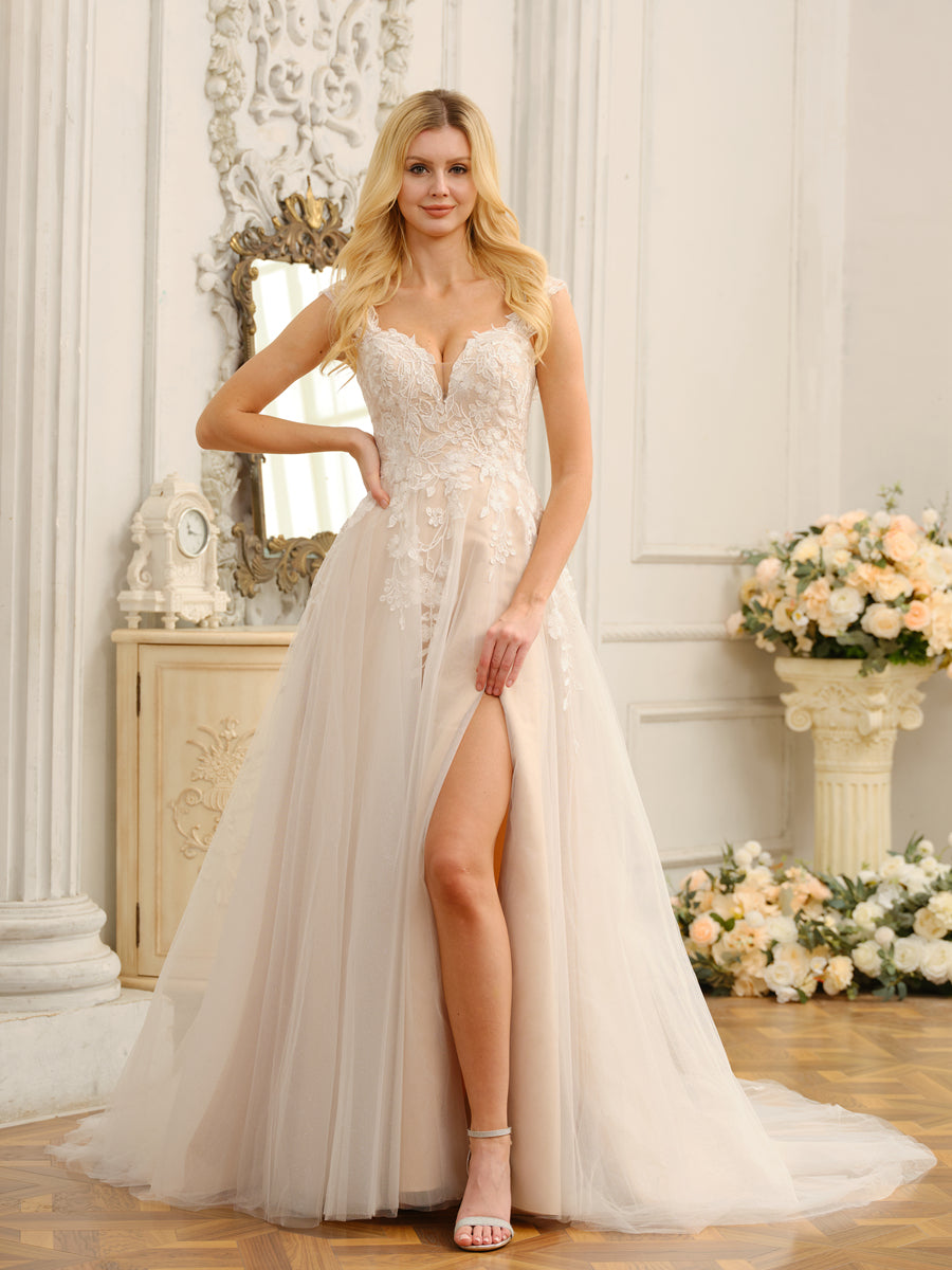 A-Line/Princess Sleeveless Long Wedding Dresses with Appliques &amp; Split Side