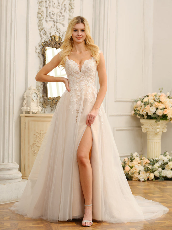 A-Line/Princess Sleeveless Long Wedding Dresses with Appliques &amp; Split Side
