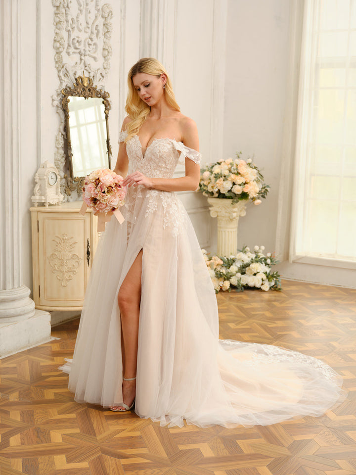 A-Line/Princess Sleeveless Long Wedding Dresses with Appliques &amp; Split Side